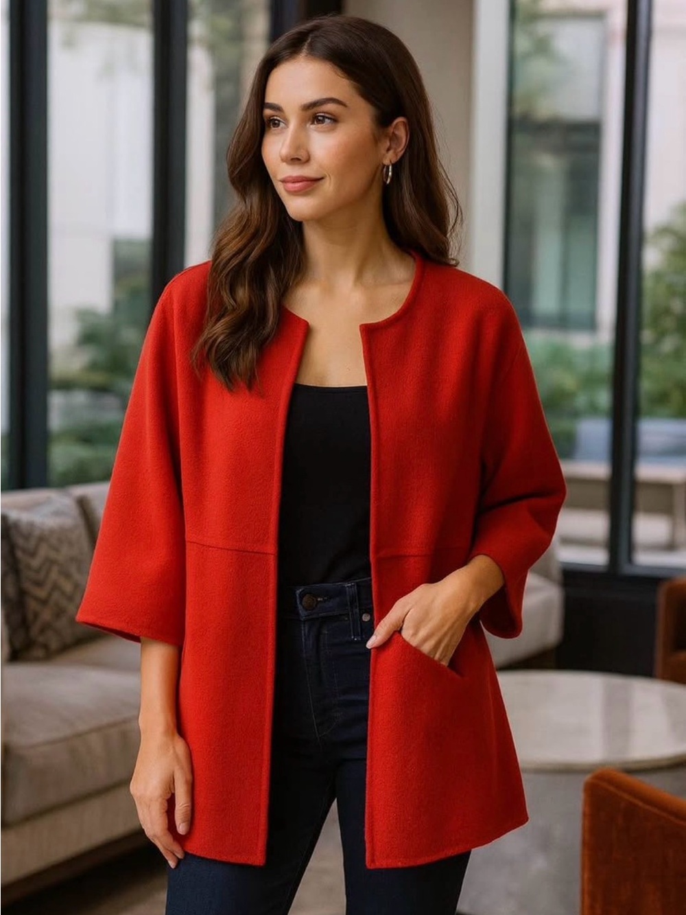 Eileen Fisher Wool Red Open Front Jacket Two Pockets